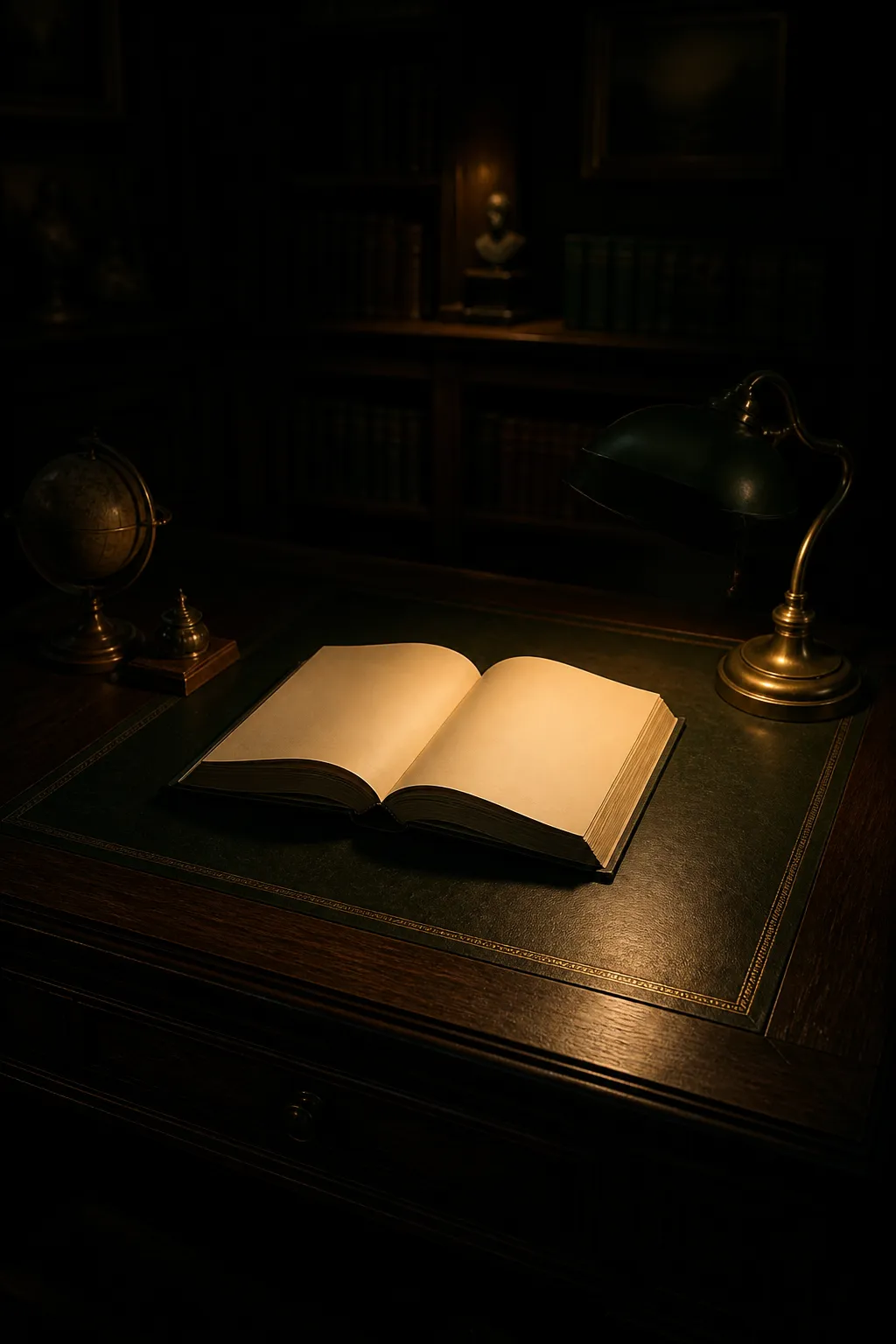 Open book on a dark oak desk in warm lamplight representing expertise made permanent